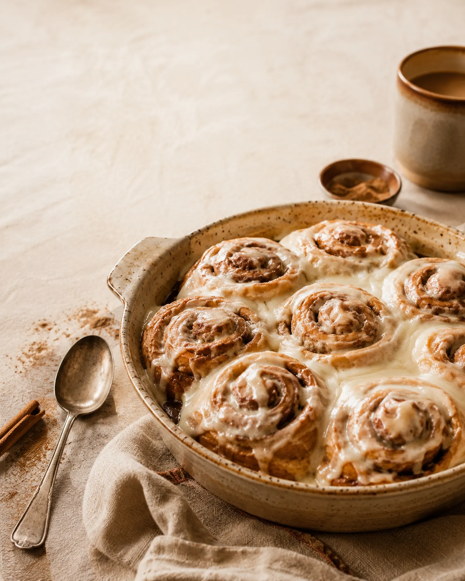 Gluten free cinnamon rolls with cream cheese icing in a rustic ceramic baking dish